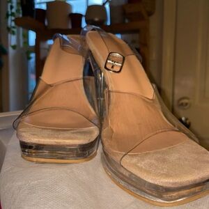 Fashion Nova Clear Strap Platform Wedge Sandals in Nude